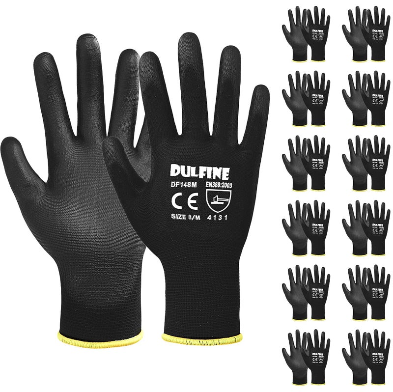DULFINE Ultra-Thin PU Coated Work Gloves-12 Pairs,Excellent Grip,Nylon Shell Black Polyurethane Coated Safety Work Gloves, Knit Wrist Cuff,Ideal for Light Duty Work. (Large) - Image 1